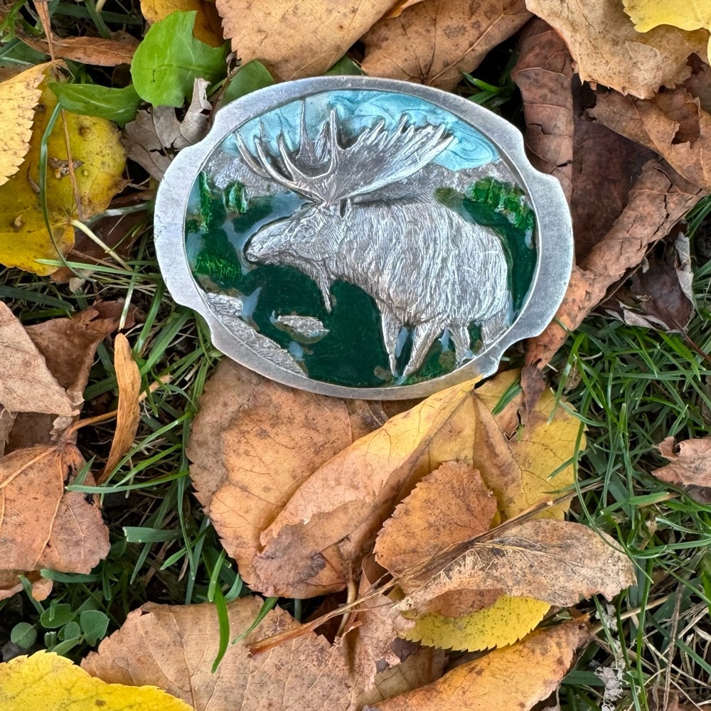 Vtg Silver and Green Moose Belt Buckle 1984